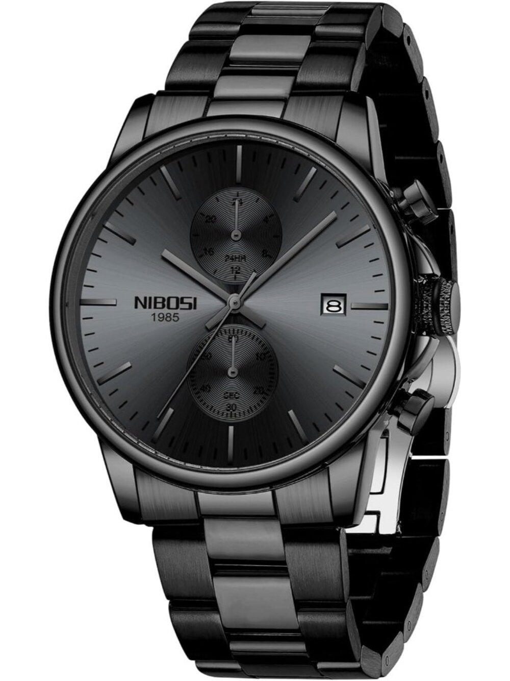 Men's All Black Stainless Steel Quartz Waterproof Day Date Casual Wrist Watch
